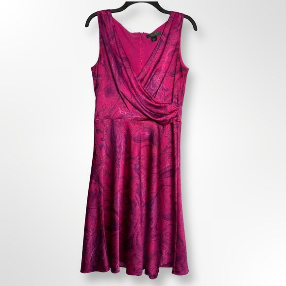 Lauren Ralph Lauren Dress Womens 10 Pink Purple Paisley Sleeveless Midi Surplice - Picture 1 of 10